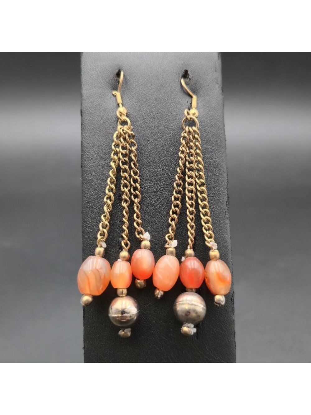 Vintage Carnelian Agate Multi-Chain Tassel Dangle Earrings A8629